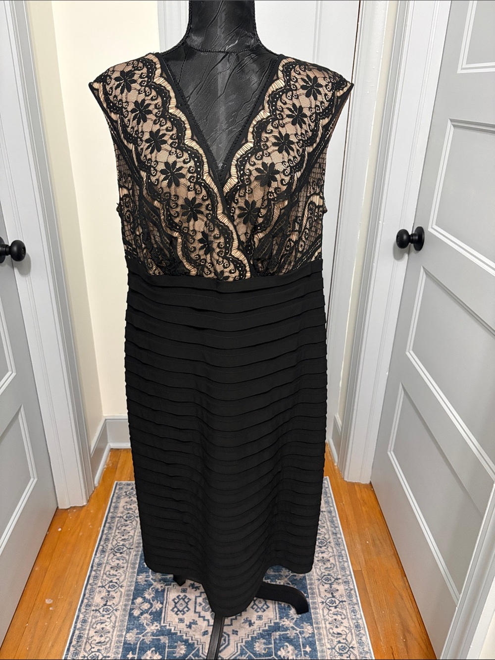 Adrianna Papell Black Lace V-Neck Midi Dress with Nude Lining